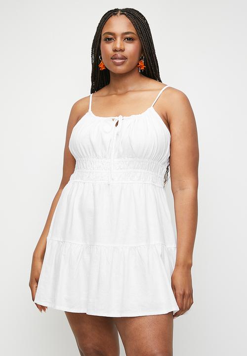 knee length dresses for ladies White Tiered Crochet Trim Mini Dress main image 1