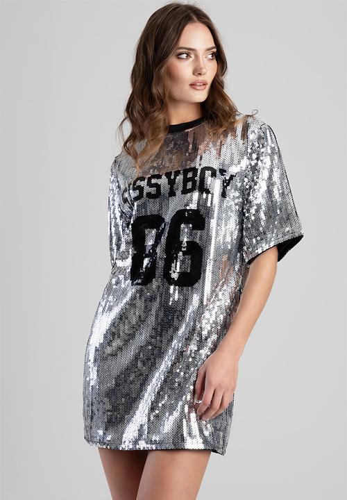 SISSY BOY - Slainte V.2: Boxy, Loose Sequin Logo T-Shirt Dress - Silver