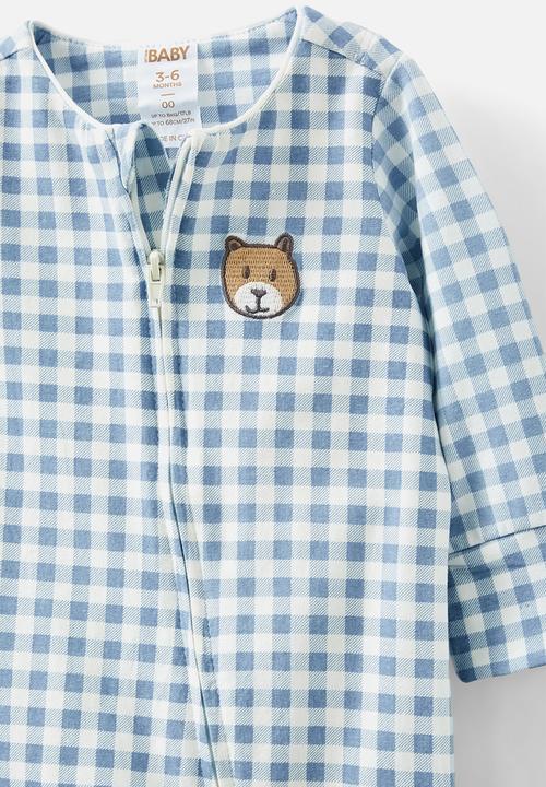 Cotton On - The billie long sleeve zip romper - dusty blue/gingham bear