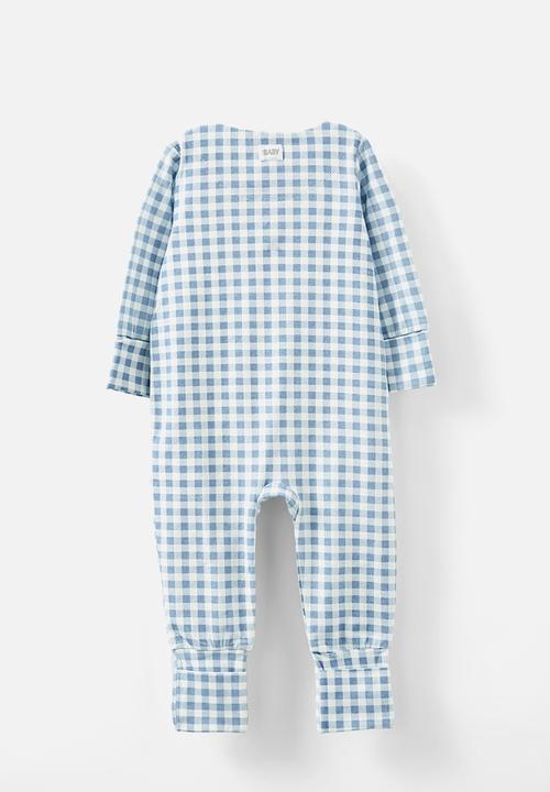 Cotton On - The billie long sleeve zip romper - dusty blue/gingham bear