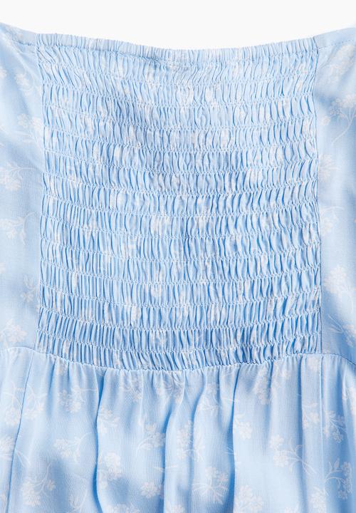 H&M - Puff-sleeved midi dress - light blue floral 
