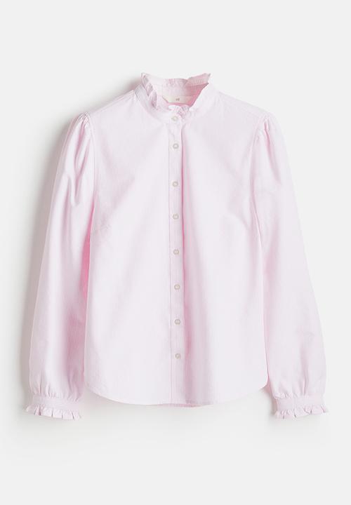 H&M - Frill-trimmed oxford blouse - light pink striped