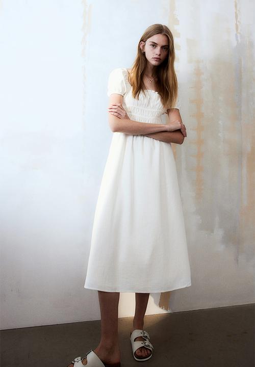 Linen-blend smocked-waist dress - cream - 1220908002