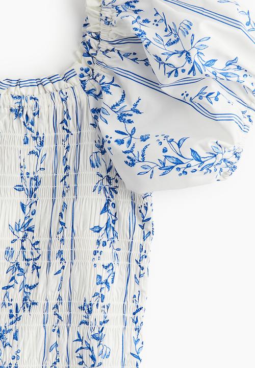 H&M - Off-the-shoulder poplin dress - white & blue floral