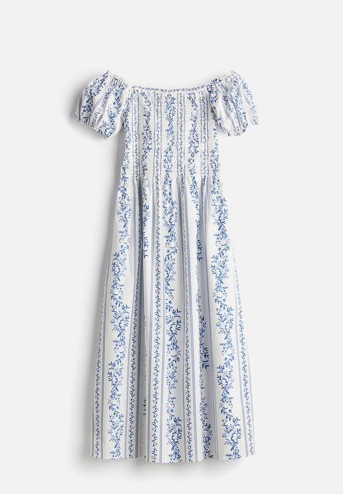 H&M - Off-the-shoulder poplin dress - white & blue floral