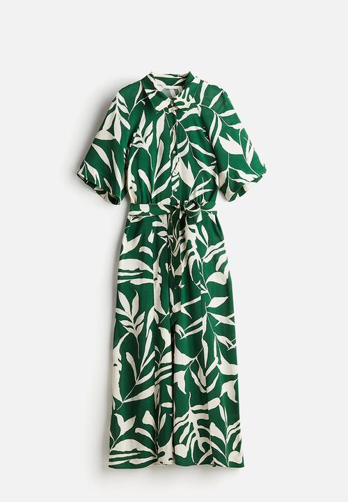 H&M - Tie-belt shirt dress - green patterned 