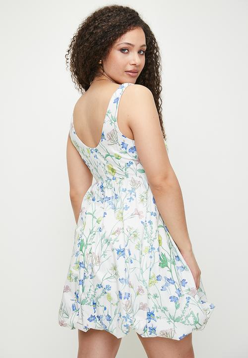 MILLA - Printed bubble mini dress - Blue delicate daisy