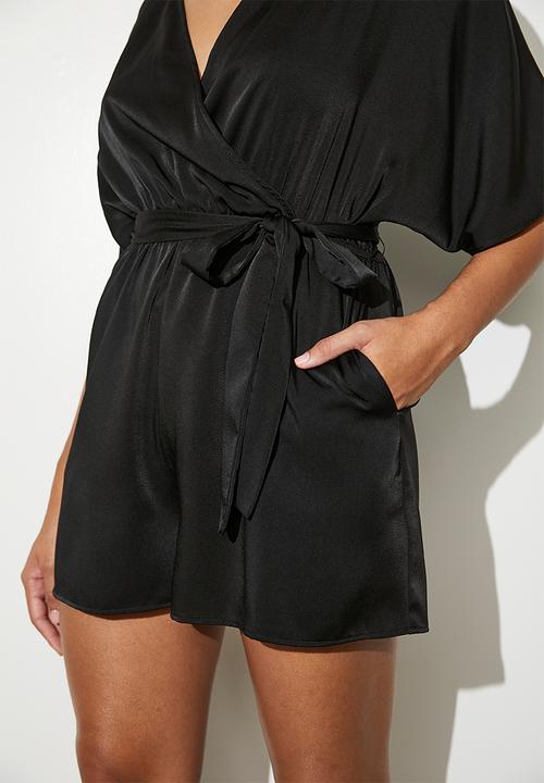 VELVET - Mock wrap grown on sleeve playsuit - black