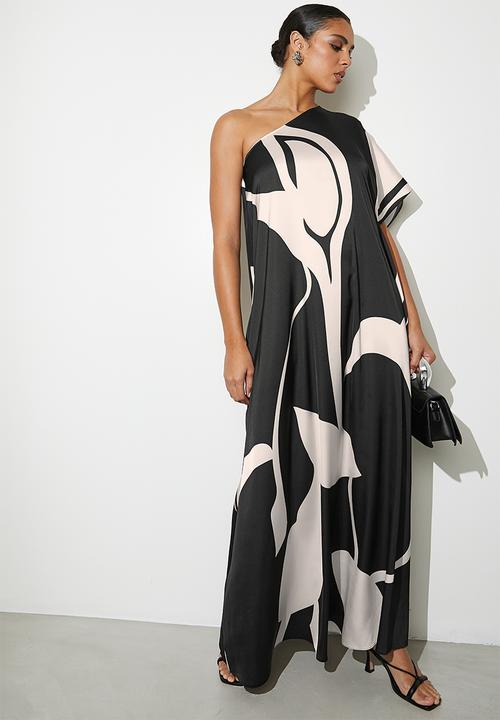 VELVET - Printed Asym Satin Kaftan - Black Oyster Macro Geo AOP