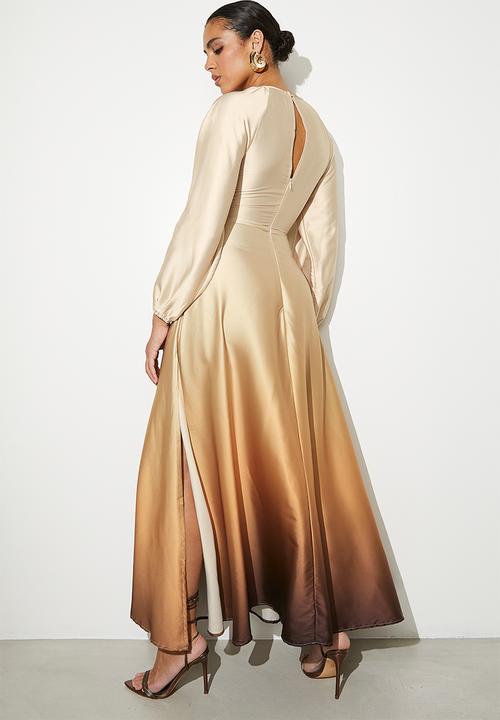 VELVET - Balloon sleeve statement dress with high slit - brown abstract