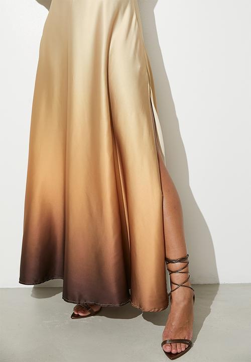 VELVET - Balloon sleeve statement dress with high slit - brown abstract