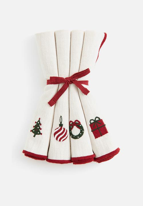 H&M - 4-Pack embroidered napkins - White Christmas tree