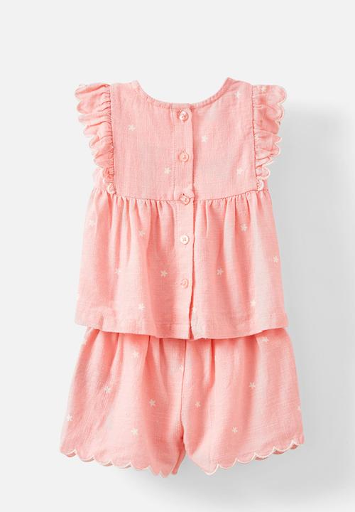 Cotton On - Bessy flutter sleeve top and short set - coral dreams/ditsy flower