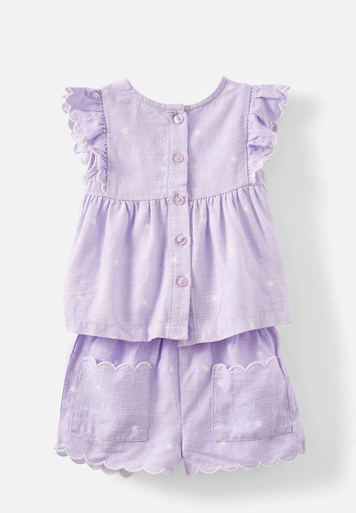 Cotton On - Bessy flutter sleeve top and short set - vintage lilac/ditsy flower
