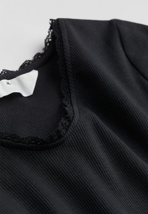 H&M - Lace-trimmed cotton top - black