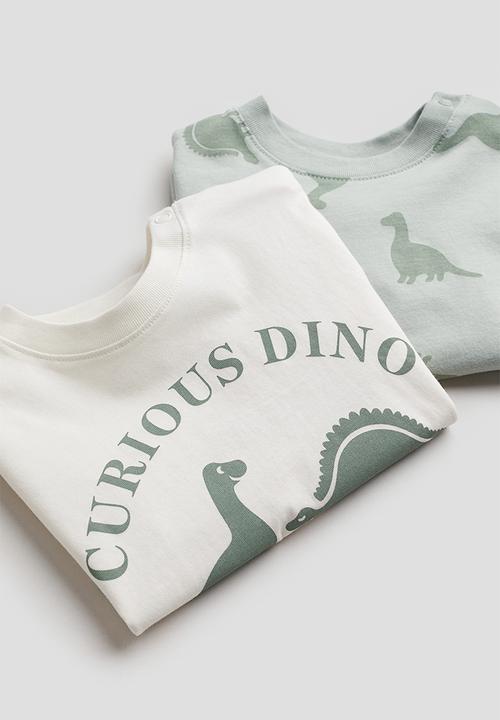H&M - 2-pack printed cotton T-shirts - dusty green/curious dino 