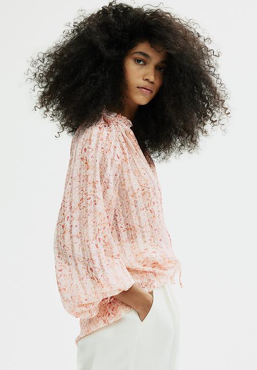 H&M - Frill-trimmed crêpe blouse - light pink patterned