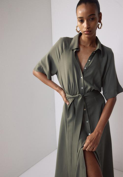 Tie-belt shirt dress - dark khaki green - 1217576002