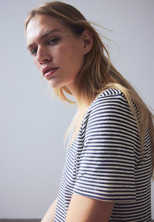 H&M - Linen-blend t-shirt - navy blue striped