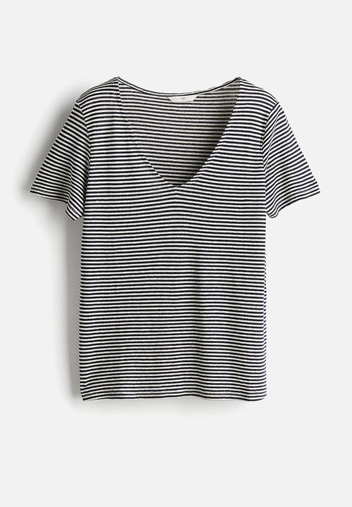 H&M - Linen-blend t-shirt - navy blue striped