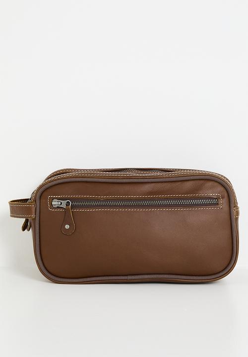 Thandana - Travel Leather double zip toiletry bag- Tobac