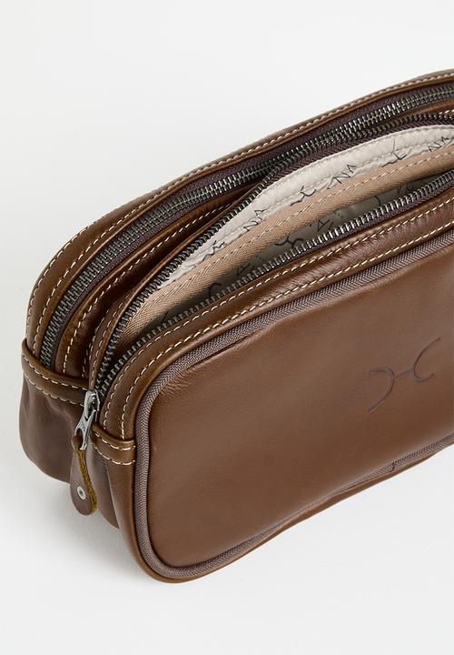 Thandana - Travel Leather double zip toiletry bag- Tobac