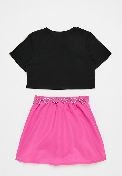Pop Candy - Printed tee & skirt set-black & pink
