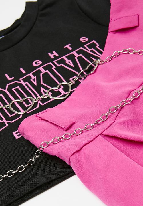 Pop Candy - Printed tee & skirt set-black & pink
