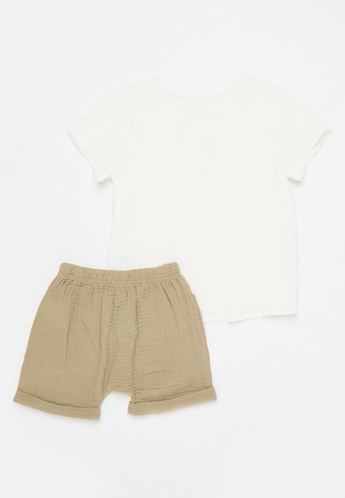 Pop Candy - Textured top & short set - beige & white
