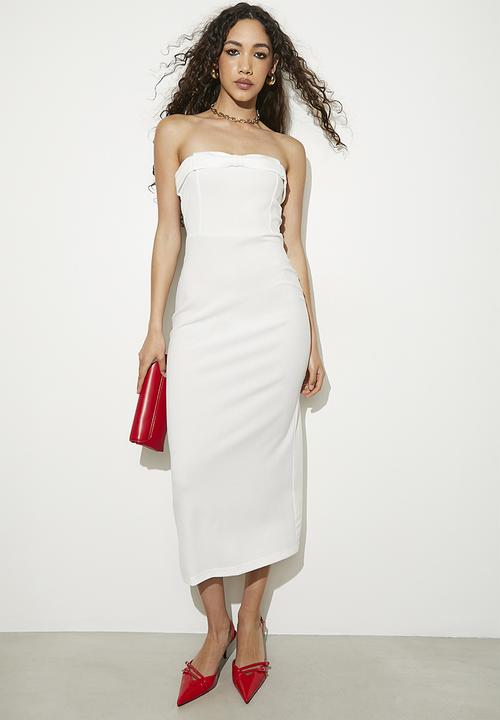 VELVET - Strapless column dress with contrast bow - white