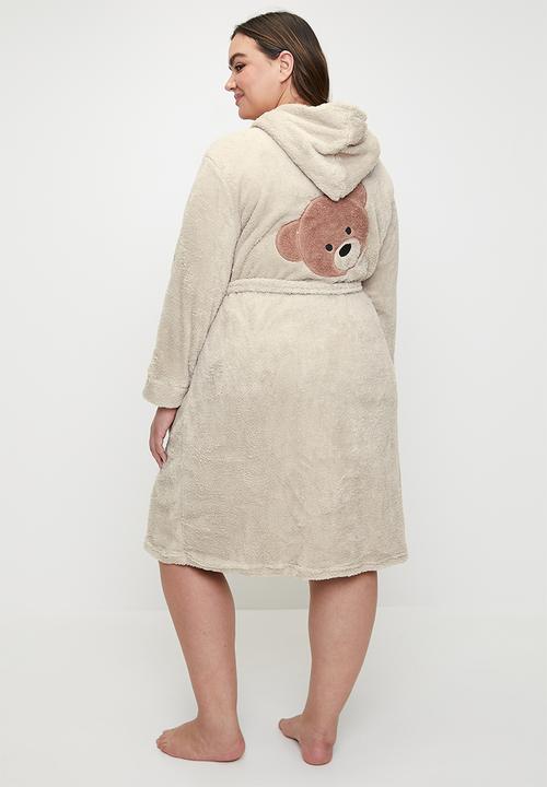 Trendyol - Teddy Bear Embroidered Hooded Wellsoft Knitted Dressing - Beige