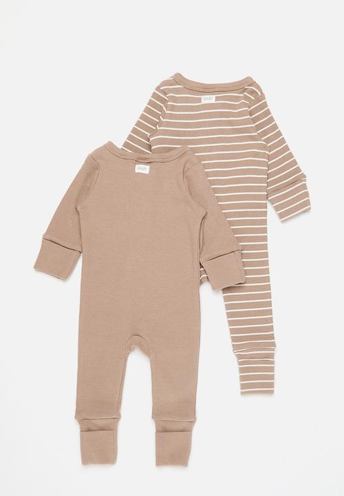 Cotton On - The long sleeve rib romper - oatmilk/vanilla riley stripe & oatmilk