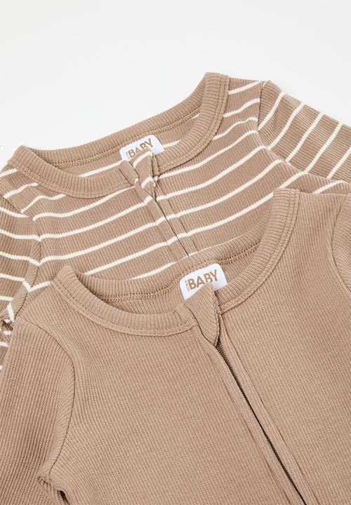 Cotton On - The long sleeve rib romper - oatmilk/vanilla riley stripe & oatmilk