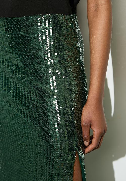 VELVET - High slit sequin column skirt - green