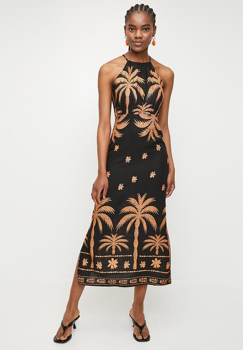 Linen look halter slip dress - stualised palm dbl border