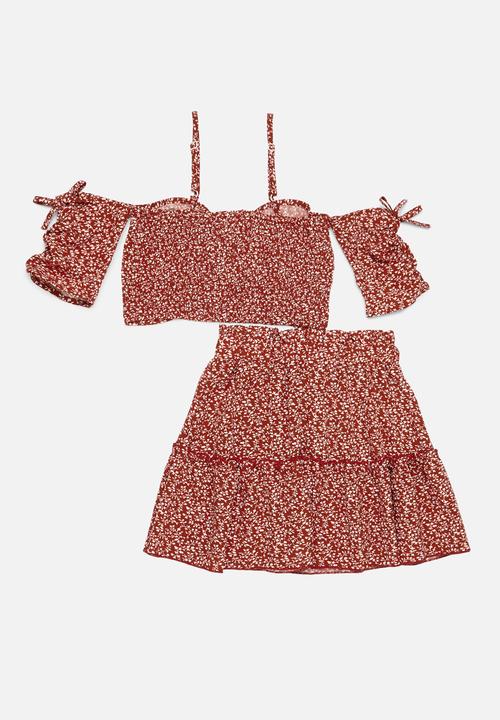 Pop Candy - Drawstring front top and skirt set - red