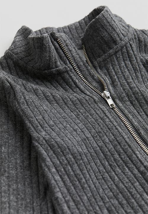 H&M - Ribbed zip-through cardigan - dark grey marl