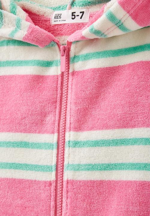 Cotton On - Kids zip thru hooded towel - multi stripe/bubblegum pop