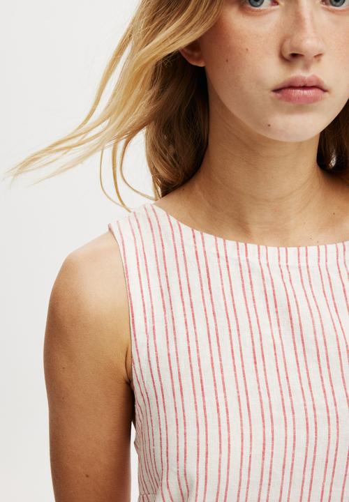 Cotton On - Haven High Neck Mini Dress - Jacqui Stripe Red Vertical