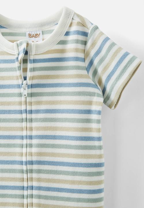 Cotton On - The short sleeve zip romper - vanilla-dusty blue/summer stripe