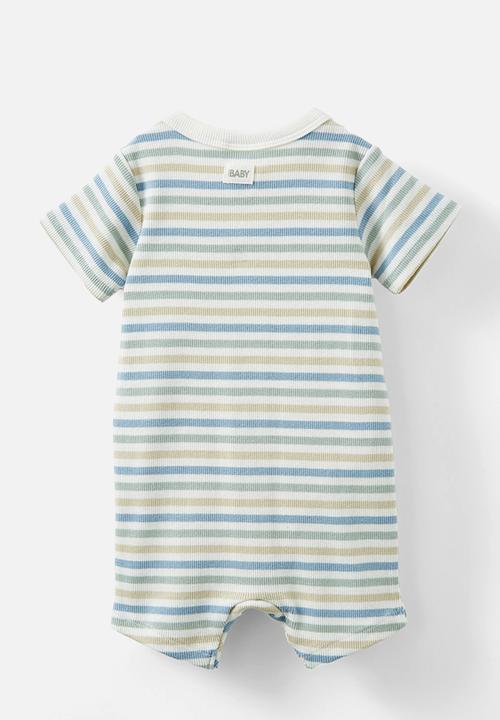 Cotton On - The short sleeve zip romper - vanilla-dusty blue/summer stripe