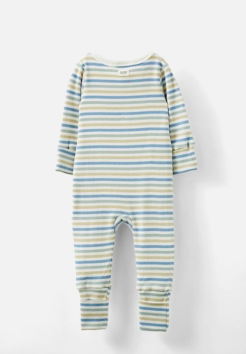 Cotton On - The billie long sleeve rib romper - vanilla-dusty blue/summer stripe