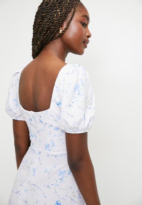 MILLA - Puff Sleeve Fit & Flare Midi Dress - Blue Floral