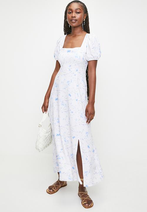 MILLA - Puff Sleeve Fit & Flare Midi Dress - Blue Floral