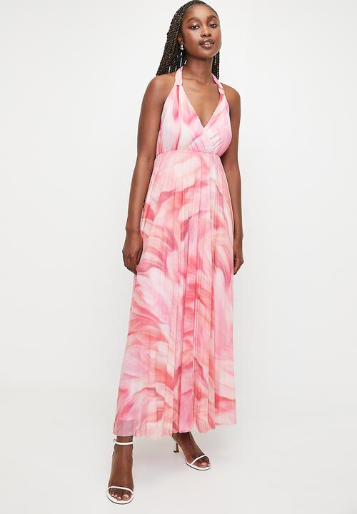 MILLA - Pleated Mesh Dress with Ties - 	Pink Faded feathers