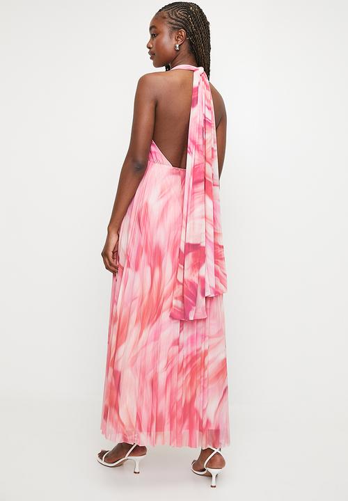 MILLA - Pleated Mesh Dress with Ties - 	Pink Faded feathers