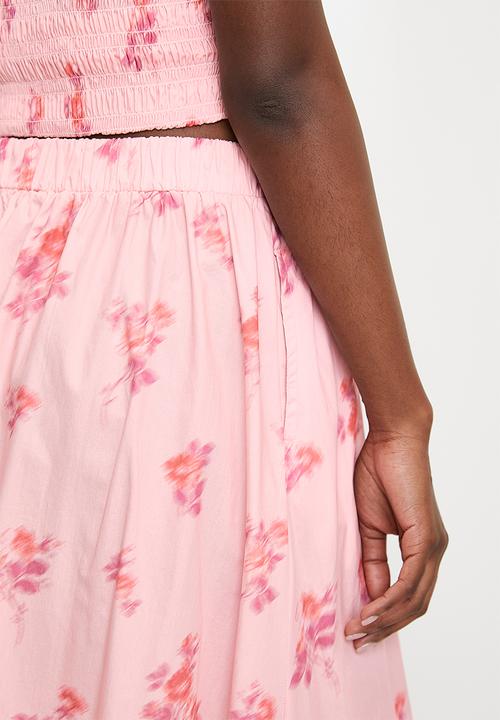 MILLA - Printed gathered waist midi skirt (co- ord)- pink ditsy relief