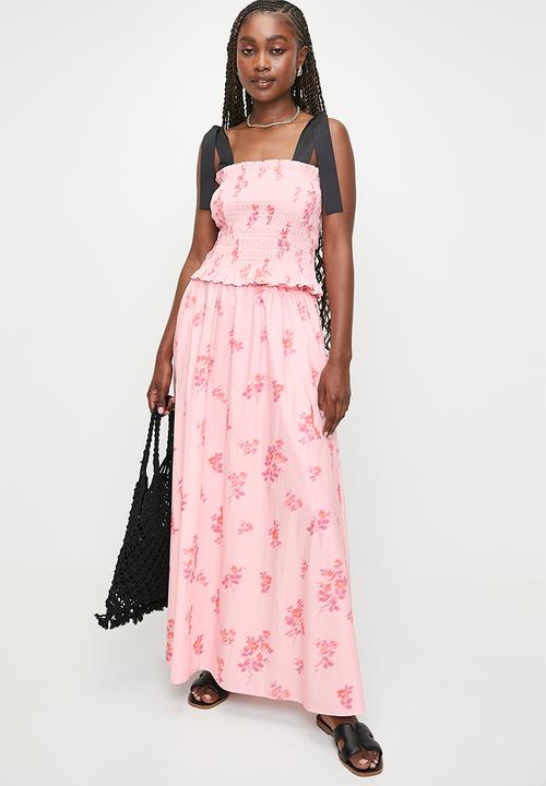 MILLA - Printed gathered waist midi skirt (co- ord)- pink ditsy relief