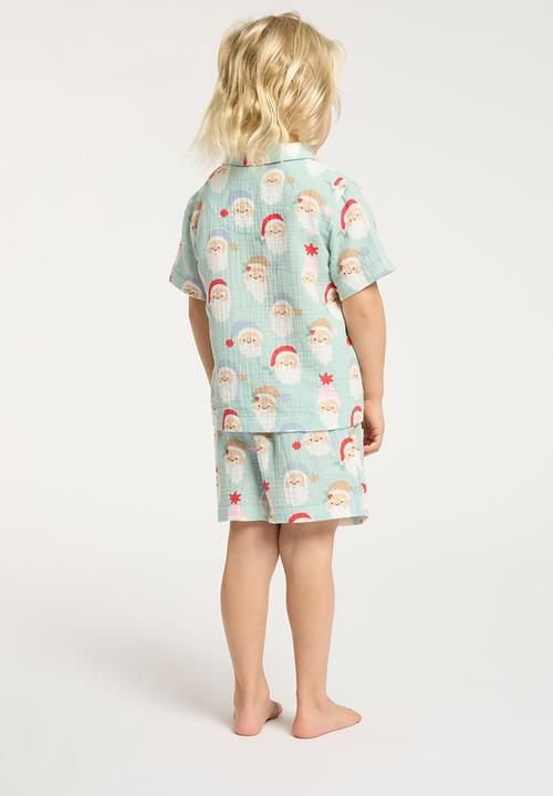 Cotton On - Riley kids unisex short sleeve pyjama set - barber blue/santa faces