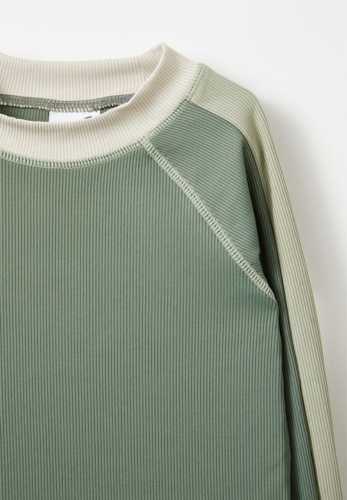Cotton On - Flynn long sleeve raglan rash vest - swag green/rib stripe panel